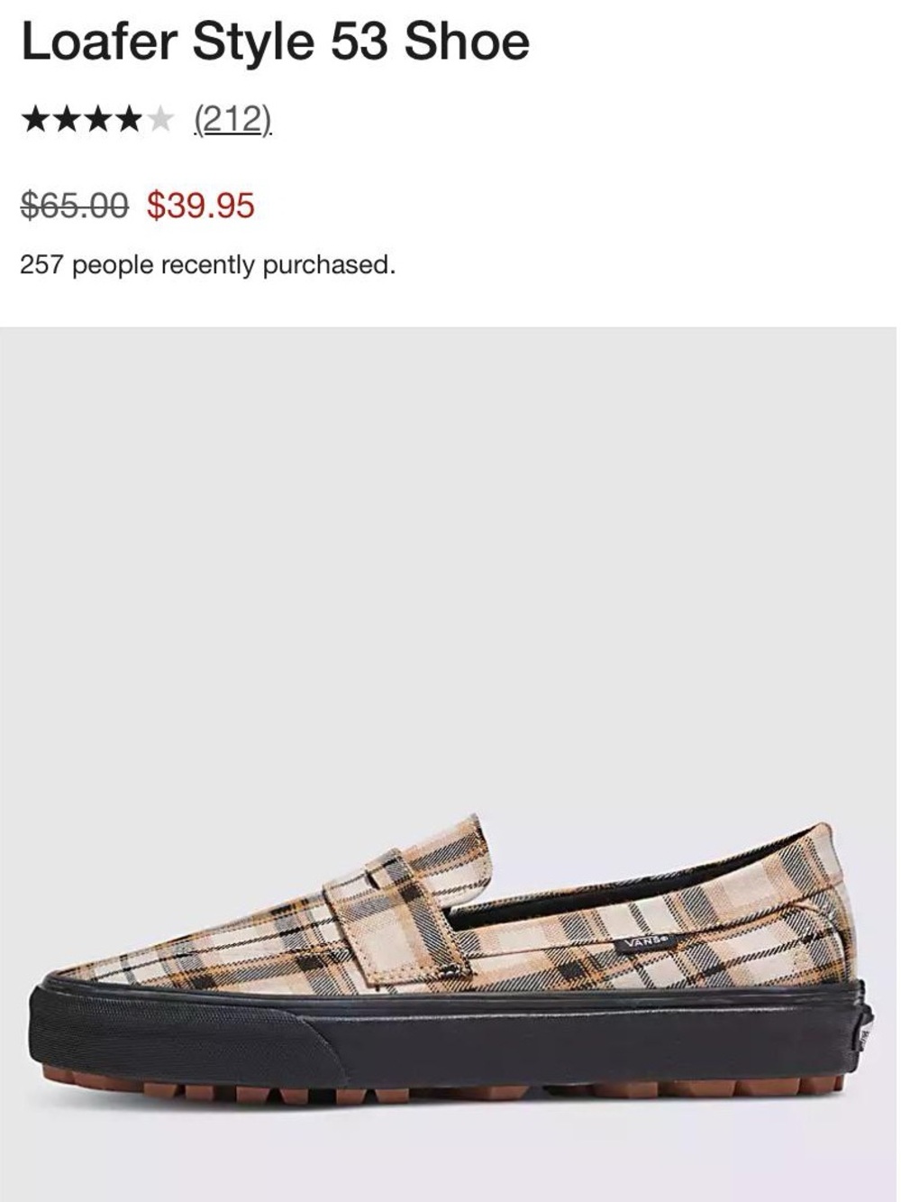 Vans Style 53 Plaid Khaki Loafers Size Men’s 7 or Women’s Size 8.5